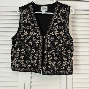floral embroidered black, gold, and white vest